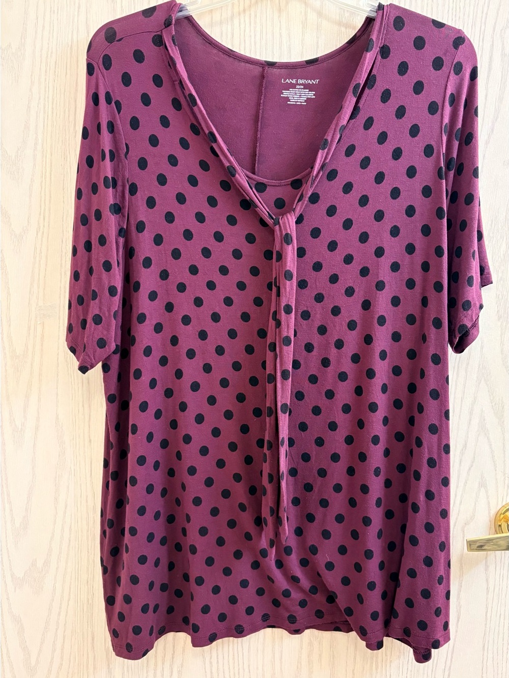 Lane Bryant Plum and Black Polka Dot Tie-Front Short Sleeve Shirt